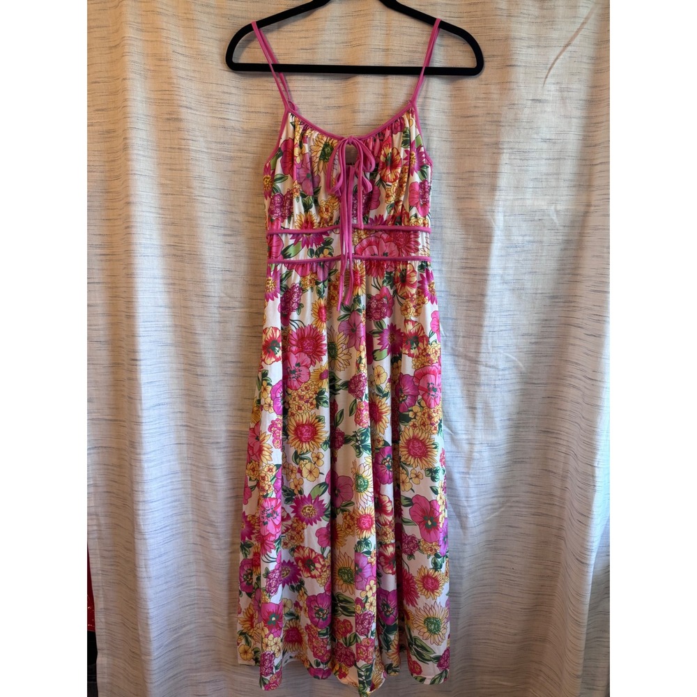 Grace Karin Floral Maxi Dress Pink Yellow Empire Waist Smocked Back Small
